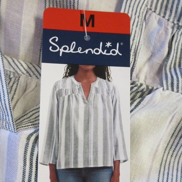 SPLENDID Linen Blend Blouse Ladies Size M Grey Purple White Strip Top Shirt NWT - Picture 10 of 16